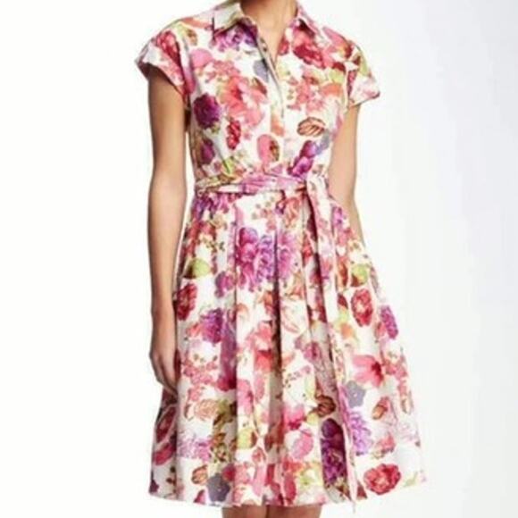 Eliza J 1950's Themed Pink Floral Collared Button Flare Skirt Midi Dress Size 0 - Picture 2 of 9